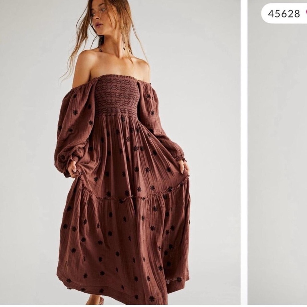 Off-Shoulder Brown Maxi Dress with Smocked Bodice